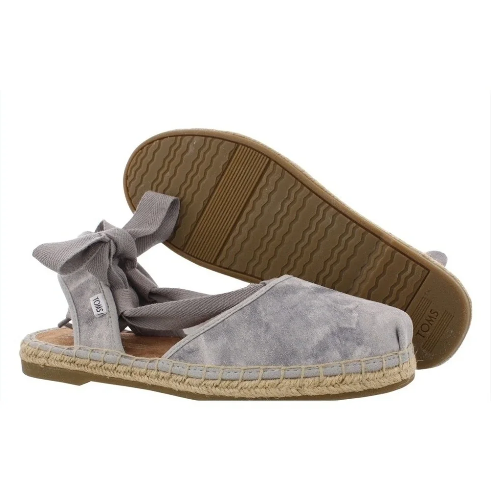 TOMS Bella Espadrille Dove Gray Suede Wrap Up Sandals Flats Shoes Size 8W‎ EUC